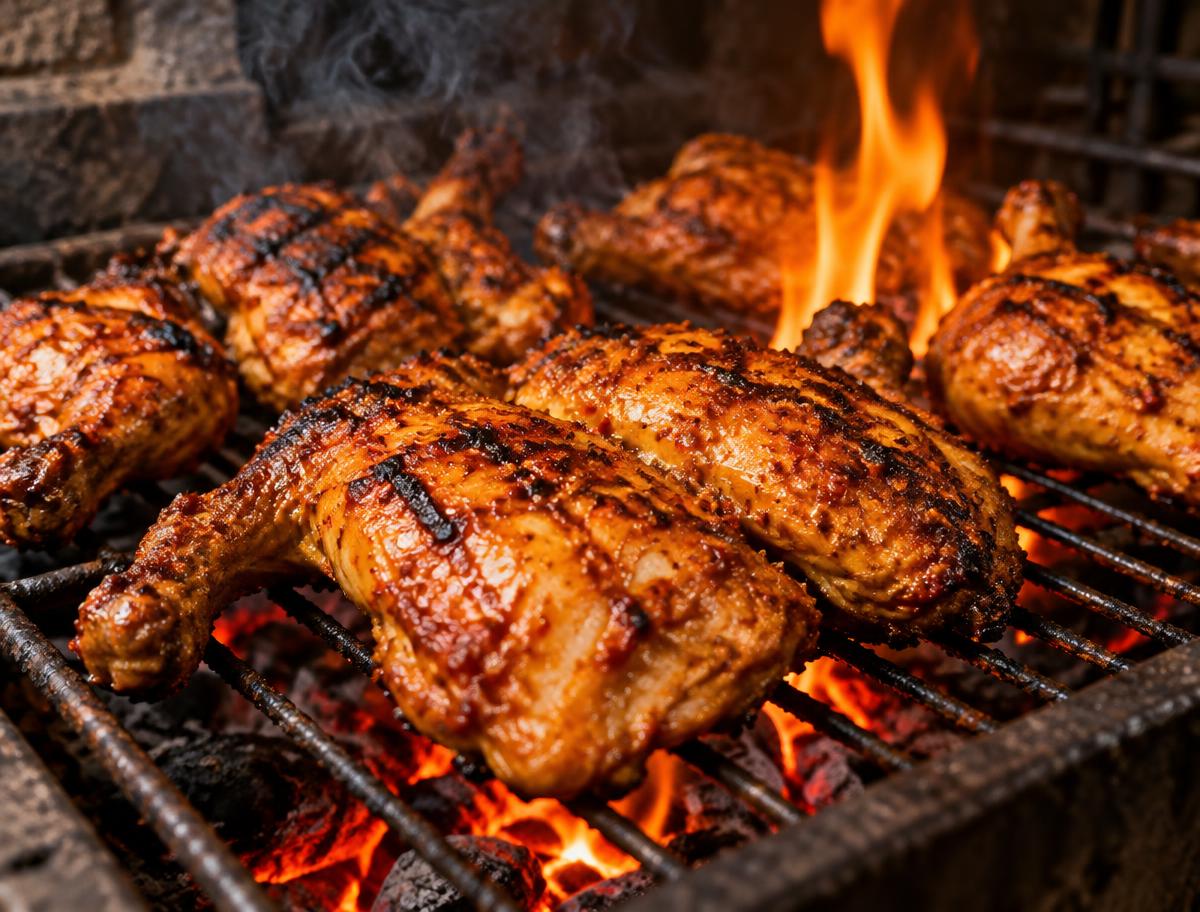 Piri-piri chicken cooking over glowing charcoal